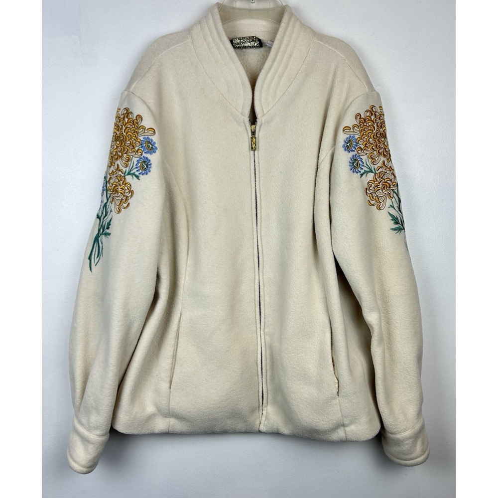 Bob Mackie Jacket Womens XL Wearable Art Fleece Full Zip Floral Embroidery